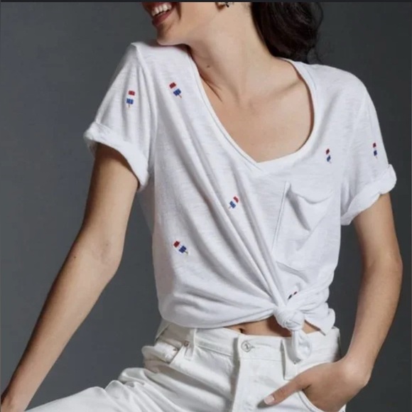Anthropologie T.La Women's White Embroidered Short Sleeve V-neck Top Sz M (a3 - Picture 1 of 10